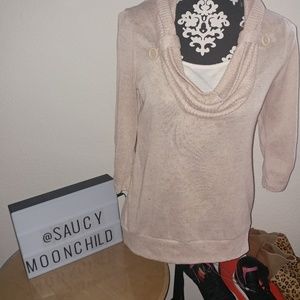 Canyon River Blues • Oatmeal Tan Neutral 3/4 Sleeve Faux Cowl Neck Sweater Top M